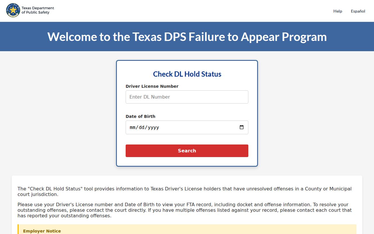Terry County traffic warrant status fields in Texas FTA/FTP